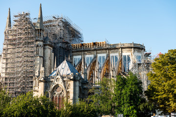 Reconstruction of Notre-Dame de Paris after the big fire, a medieval Catholic cathedral on the Ile...