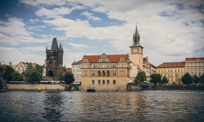 Scenic panorama cityscape view of Moldava river boat Prague in Czech Republic.