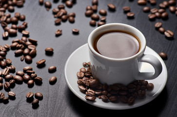 A cup of coffee is on the table.