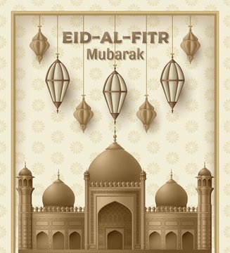 Eid Al Fitr Background. Islamic Arabic lantern and mosque building. Greeting card. Vector illustration.