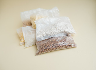 different cereals in cooking bags, vegetarian food