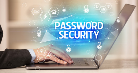 PASSWORD SECURITY inscription on laptop, internet security and data protection concept, blockchain and cybersecurity