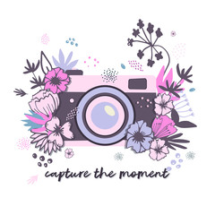 capture the moment. An illustration of a camera with many colors and decorative elements. Beautiful clip art isolated element. Elegant illustration for web banner, poster and greeting card design.
