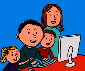 Szczęśliwa rodzina przed komputerem - kolorowy rysunek, każdy kolor na osobnej warstwie (łatwa zmiana koloru ilustracji) - obrazy, fototapety, plakaty