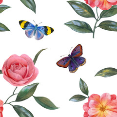 Botanical illustration for print and print. wrapping paper with flowers and butterflies. Watercolor seamless pattern with flowers and butterflies on a white background.