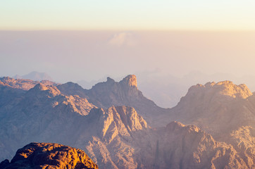 View from the mountain of Moses, a beautiful sunrise in the mountains of Egypt