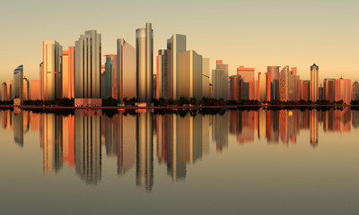 Panoramic skyline of glass and steel skyscraper buildings reflected in watter in the dusk light, stylized 3d illustration