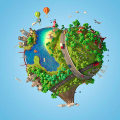 Heart shaped world showing a peaceful and sustainable lifestyle, green planet with clean energy and happy mood in sunny day as concept for love and peace. 3d render - 351628486