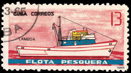 A stamp printed by Cuba shows Fishing ships serie