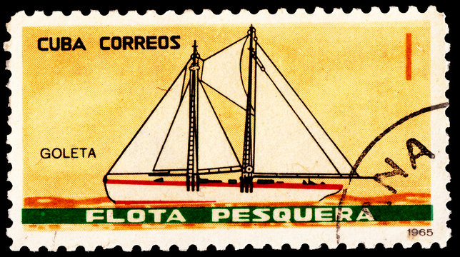 A stamp printed by Cuba shows Fishing ships serie