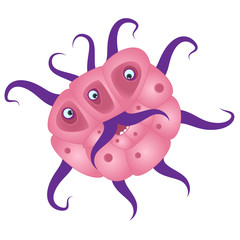 Cartoon virus cell with face Purple mustache. Funny children Vector stock illustration.
