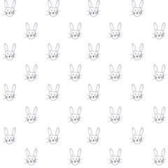 Bunny Seamless Pattern. Watercolor Hand Drawn, Rabbit Head Seamless Background