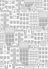 Seamless pattern or coloring page with house facades for anti stress therapy for adults, outline vector stock illustration with architecture of Amsterdam or Holland