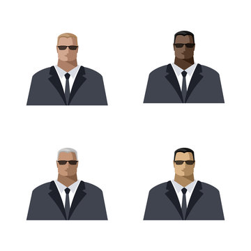 A man in a strict black suit, dark glasses and a tie of different races, skin and hair colors. Male avatar businessman, politician, employee, manager, security service, secret agent. Vector image
