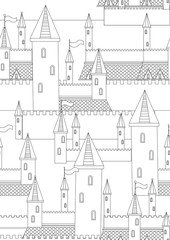 Seamless pattern or coloring page with castle and towers for anti stress therapy for adults, outline vector stock illustration with old castle