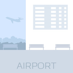 Airport, waiting room with benches and a scoreboard, with a window and a take-off airplane. Vector image in a flat style