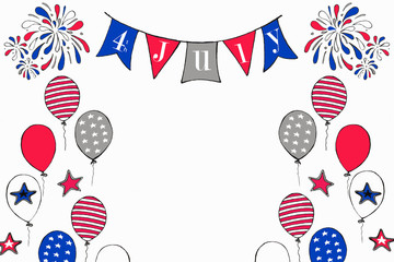 Fototapeta premium postcard July 4th. Illustration of flags, salute, balloons. USA symbols