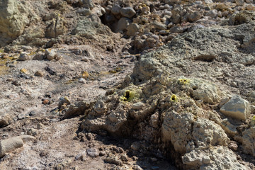 Stefanos crater close-up. Volcano in Greece with crystal of brimstone.	