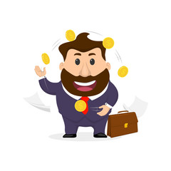 Businessman juggler. Businessman juggles coins flat illustration.