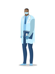 Doctor man. Vector image of a full-length doctor with a stethoscope in a white coat, a protective mask and gloves. Color isolated illustration, in a flat style