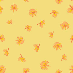 Loose pansies sketches seamless vector pattern. Springtime bloomers surface print design in sunny colors. For girly fabrics, stationery, wrapping paper, textiles, backgrounds, and packaging.