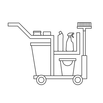 Cleaning Trolley Line Icon. Cleaning Service Cart. Bucket, Broom, Detergent, Sponge, Rag, Sanitizer. Black Outline On White Background. Janitors Equipment. Disinfection. Vector Illustration, Clip Art.