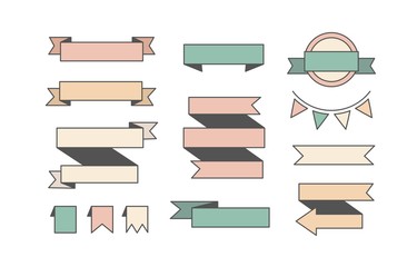 Set of various Ribbon scrolls. Empty outline blank Ribbon Banners. Design elements, Templates. Perfect for topic or background design. Colored Vector illustration. All elements are isolated on white