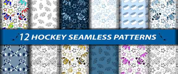 Set of seamless hockey patterns. Vector elements of stars, shoulder pads, hockey sticks,
Maple leaves. Endless repeating hockey textures for banners, wallpapers, fabric prints, greeting cards, etc.