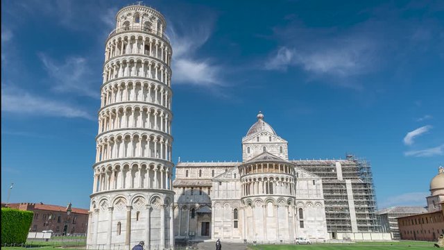 The famous Piazza dei Miracoli square and the leaning tower, in the historic center of Pisa, Italy, completely deserted due to the Covid-19 coronavirus pandemic. Time lapse motion