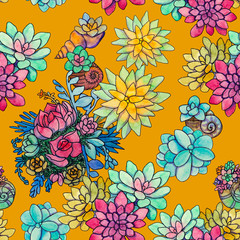 Painted succulents on an orange background, seamless plant pattern