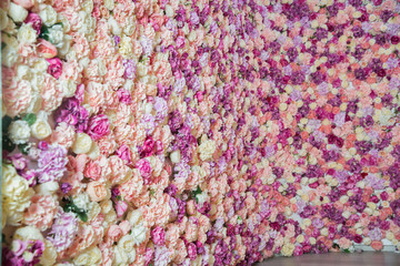Fototapeta premium Wedding scene. Vintage effect. Many flowers in gentle pink and white tones as a background for any your art project . Beautiful pink and white flower background, colorful nature .