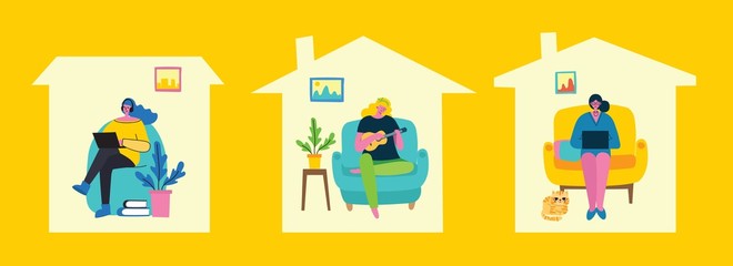 Fototapeta premium Stay at home. The girl staying at home and playing little guitar ukulele for prevent virus Covid19 in the flat style