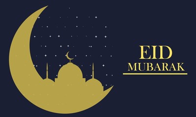 Abstract Eid Mubarak with Dark Blue and Gold Mosque Background Concept