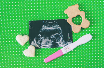 Ultrasound picture of a baby photograph. Selective focus.