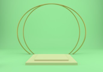 3d rendering studio with geometric shapes, podium on the floor. Platforms for product presentation, mock up background.