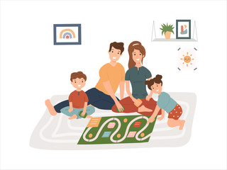 Happy smiling family members spend time together at cozy home. Mother, father and two children play card board game. Cute cartoon characters isolated on white background. Flat vector illustration.