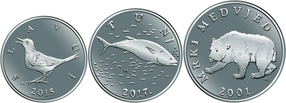 Set of reverse Croatian 1, 2 and 5 kuna coins with Nightingale, Tuna and Brown bear, official coins in Croatia