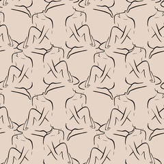 Hand drawn black ink paint brush line art abstract woman body silhouette seamless pattern on beige background