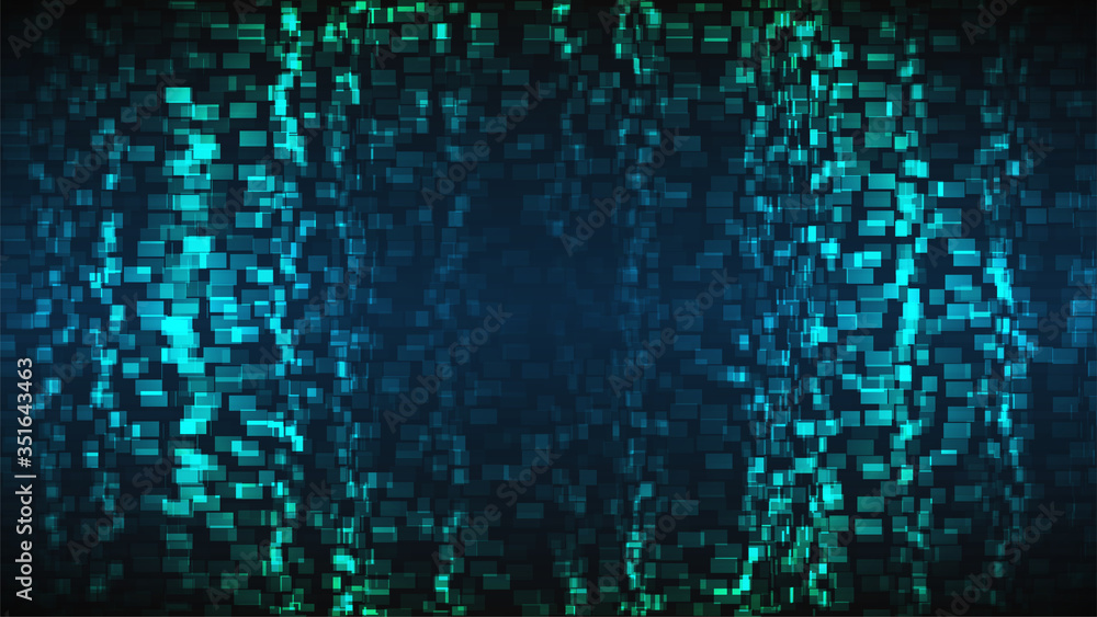 Poster cyberpunk glitch background. blue distorted pixel pattern on dark backdrop. round abstract structure