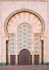 Äußere Details der berühmten Moschee Hassan II in Casablanca, Marokko, Afrika. Die Moschee ist die größte Moschee in Marokko und die drittgrößte Moschee der Welt.
