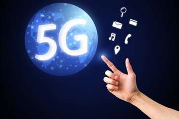 concept of future technology communication network 5G on the background of the globe. 5G standard of modern signal transmission technology.Wireless systems Business concept