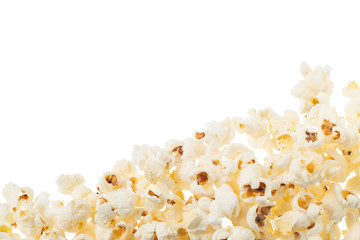 Popcorn on a white isolated background. Diagonal frame at the bottom of the frame
