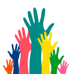 Hands up career symbol colorful vector illustration. Hands silhouettes cultural and ethnic diversity. Multinational concept of team, volunteer, group, association, company, partnership