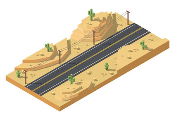 Isometric desert landscape. Road in desert illustration. Game location concept design. © Stan