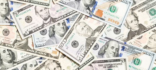 Top view of various dollar cash background. Different banknotes concept. Wealth and rich concept