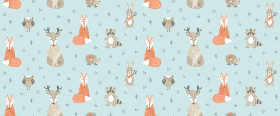 Wall murals Little deer Seamless pattern with cute woodland animals in trendy scandinavian style. Vector illustration.
