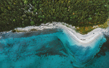 Aerial view ocean sandy beach and coniferous forest drone landscape in Norway above trees and blue...