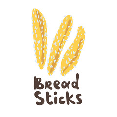 Pretzel salty sticks clipart. Delicious crispy golden bread sticks in different shapes on a white background. Regular bread sticks. Flour food, hand-drawn design. Vector editable stock illustration