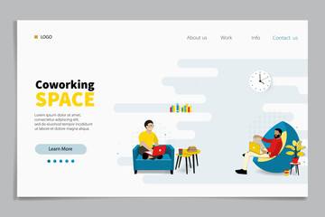 Obraz na płótnie Canvas Coworking Space Landing Page Flat Cartoon Template. Freelancers Team Working Online on Laptop. Business People Sharing Open Workspace. Man Characters Sit on Armchair and Sofa. Vector Illustration