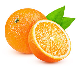 ripe oranges with a slice isolated on a white background